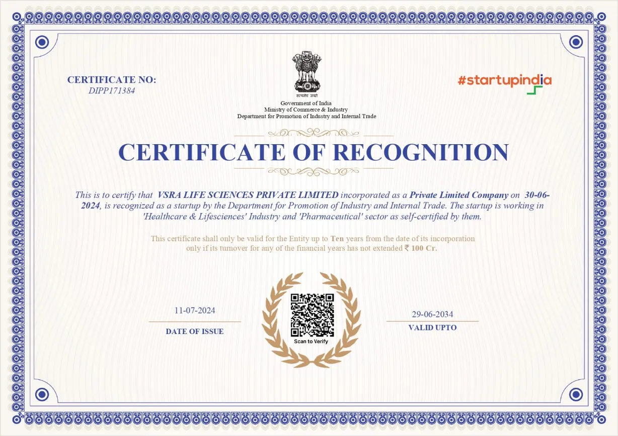 Certificate of Recognition - Startup India, issued by Department for Promotion of Industry and Internal Trade (DPIIT), Ministry of Commerce & Industry, Government of India