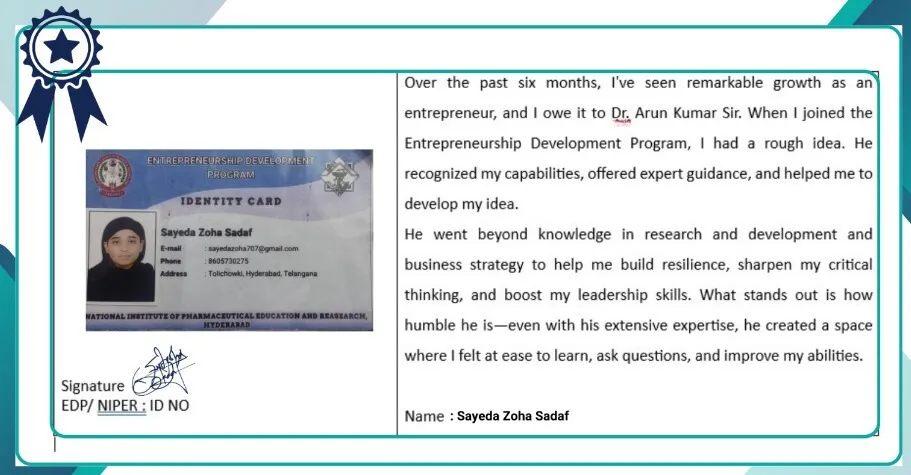 Testimonial card from Sayeda Zoha Sadaf, Entrepreneurship Development Program, National Institute of Pharmaceutical Education and Research, Hyderabad